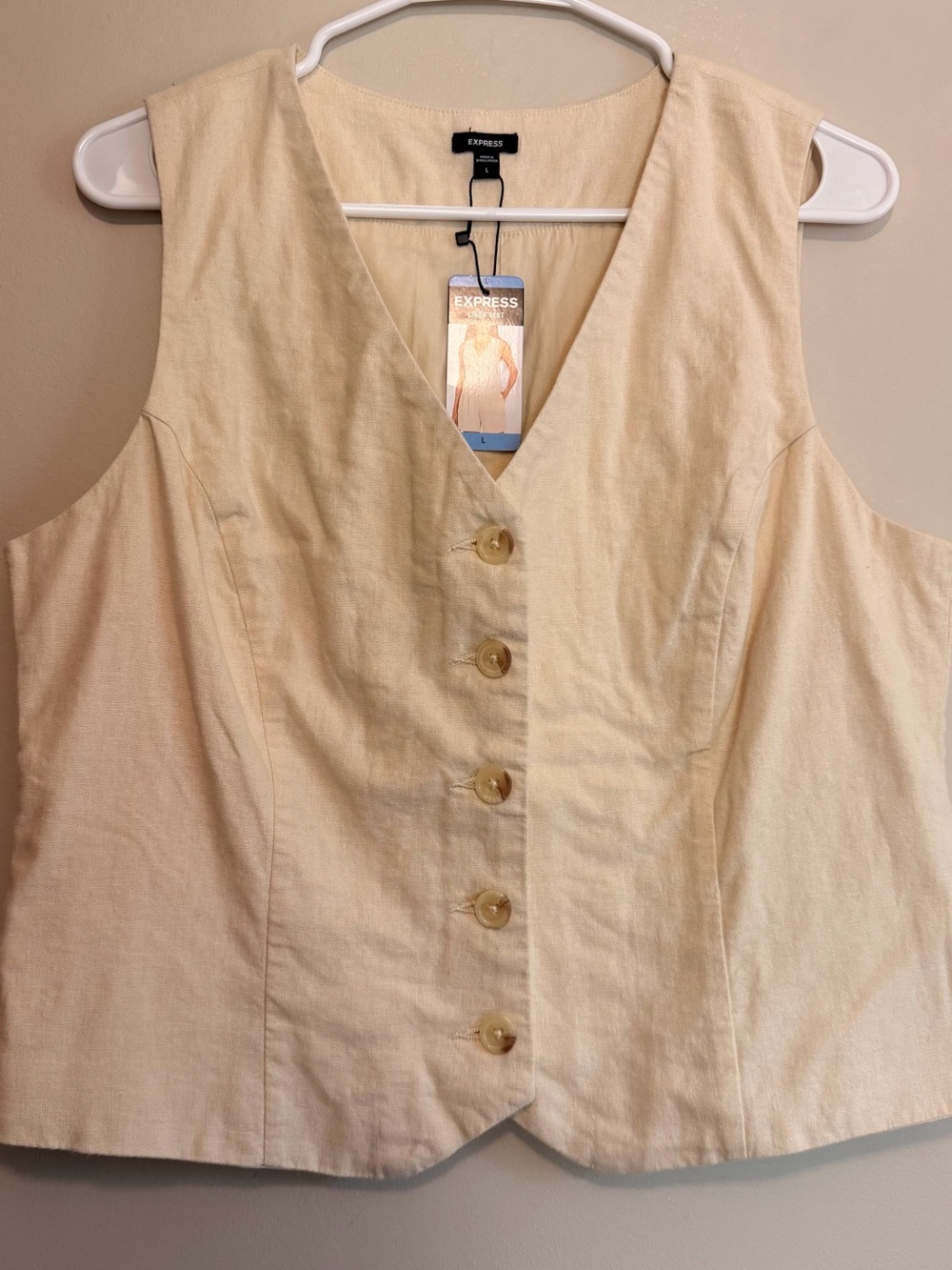 NWT Express Cream Linen Blend Button Front Vest Classic Waistcoat Beige Large